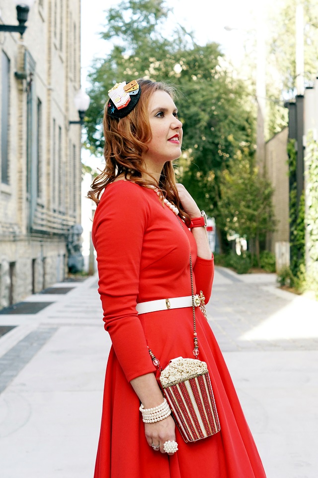Winnipeg Style, Mary Frances Butter Me Up handmade beaded crystal leather clutch bag, The Shopping Channel Isaac Mizrahi Love full red vintage style 50s circle dress, DIY popcorn retro fascinator, Claire